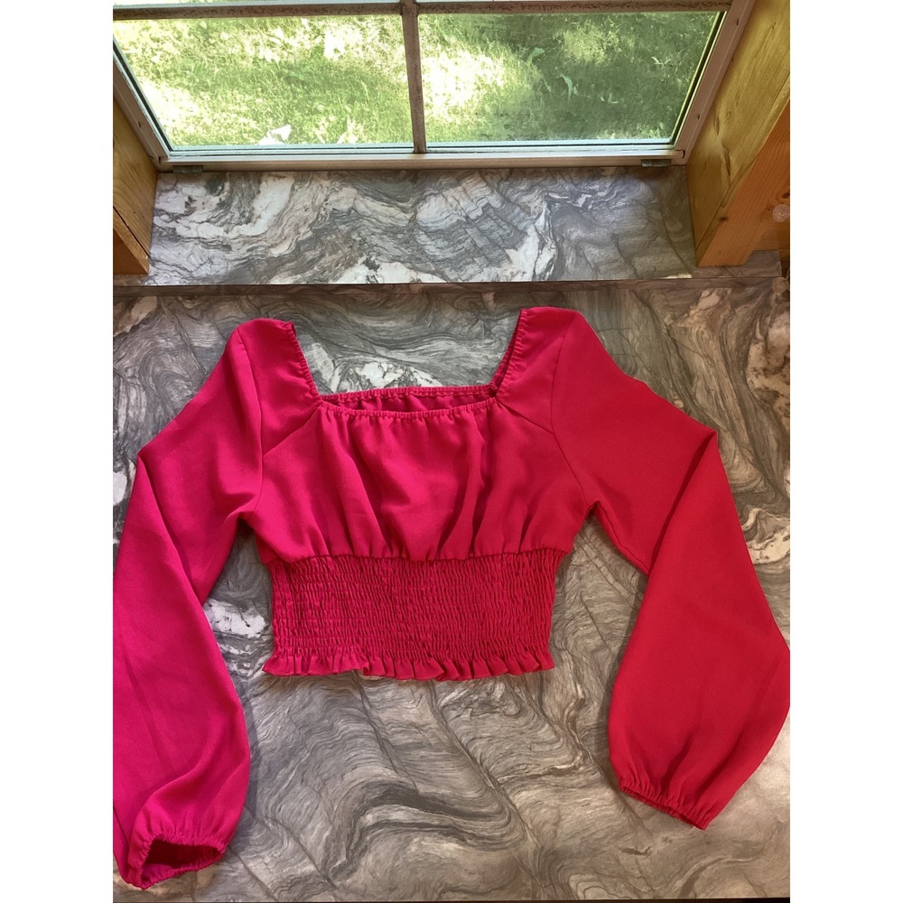 SHEIN Women Fuchsia Pink Smocked Waist Square Neck Long Sleeve Crop Top Blouse S